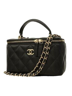 Chanel Vanity Bag Quilted Lambskin Black Chien Panning Gold 2-Way